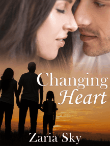 Changing Heart by Zaria Sky. Forefront silhouette of man, woman, & young child holding hands watching sunset. Top background closeup of man & woman in near kiss