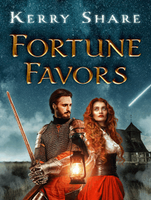 Fortune Favors by Kerry Share. Man in medeival armor with sword standing with woman in corset & red skirt holding lantern. Evening sky and tavern in background
