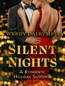 Silent Nights by Wendy Dalrymple. Man in tux embracing woman in red gown; backdrop of golden holidaylights.
