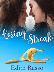 Losing Streak by Edith Russo. Banana peel centered on sky-blue background with closeup of two young women's profiles nearly kissing at top.